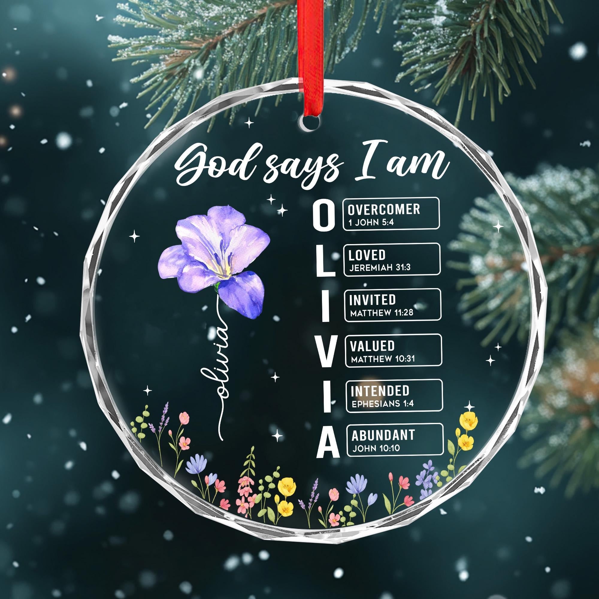 God Says I Am Glass Ornament, Personalized Birth Flower Bible Verse Ornament, Custom Scripture Christian Christmas Ornament, Religious Gift DCLAF48